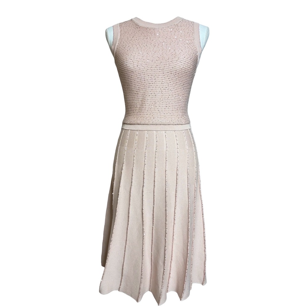 Oscar de la Renta Sequin Knit Cocktail Dress S Pink Rose Gold Ribbed Fit & Flare
